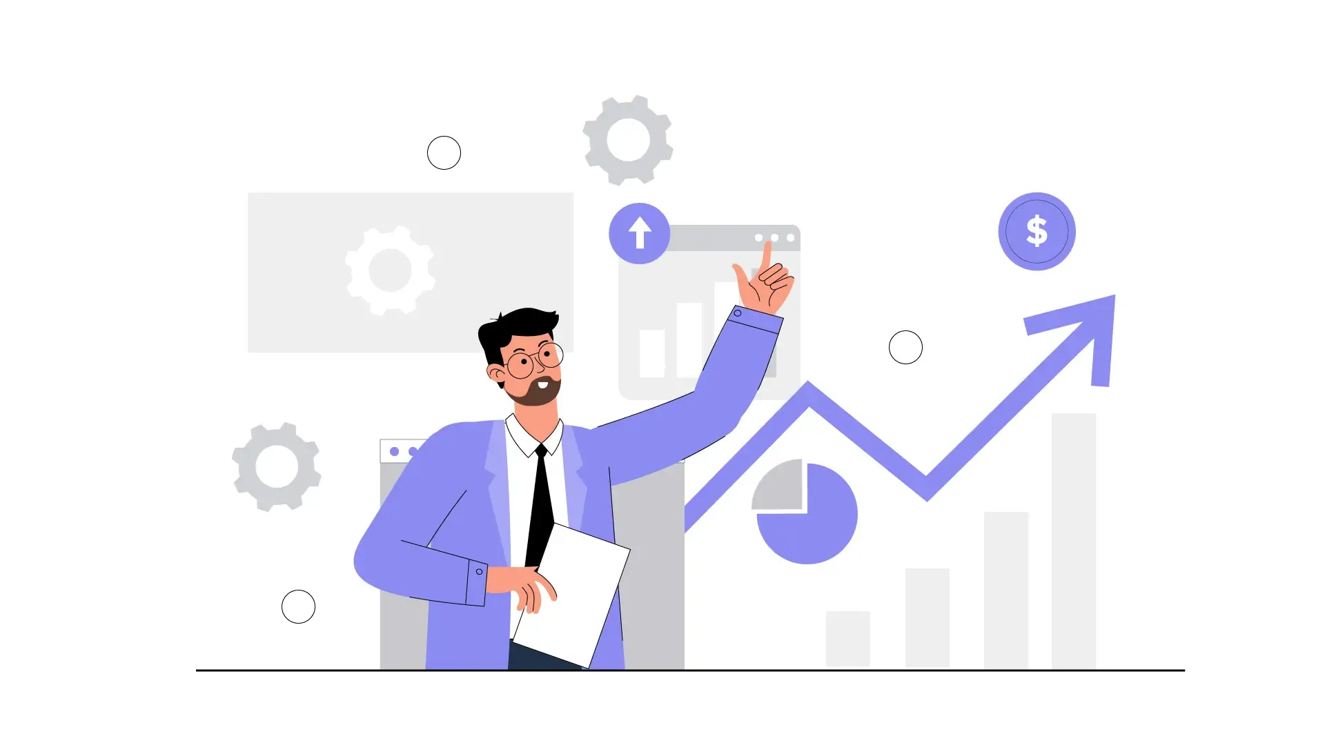 Business Growth Insights Man Explaining Graph and Assets using Paper Flat Vector Illustration